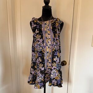 Free People Black Mini Dress with Purple & Yellow Floral Print 💐 summer dress